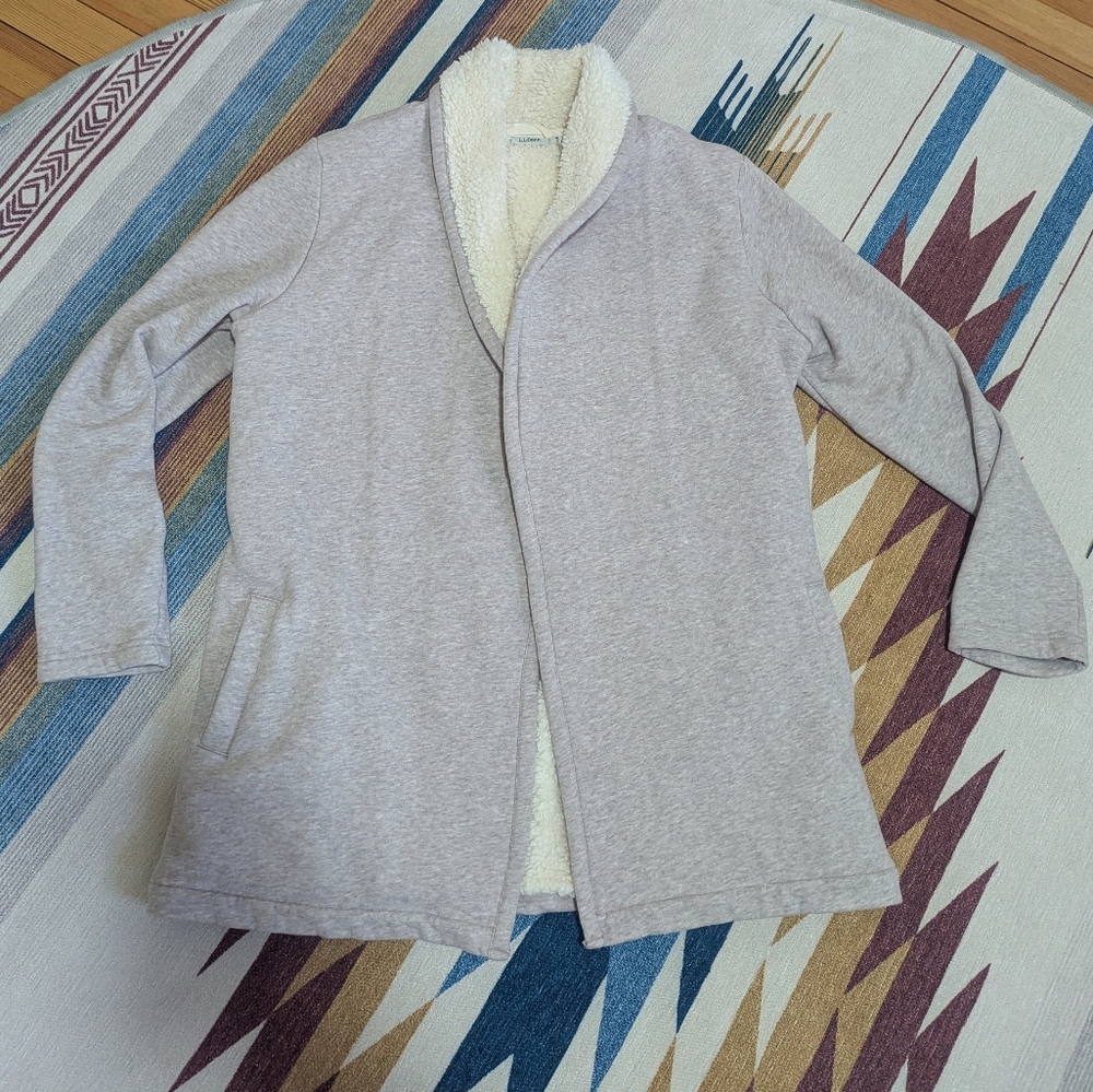 L.L. Bean Light Heather Gray/Pink Sherpa-Lined Open Cardigan Size Medium